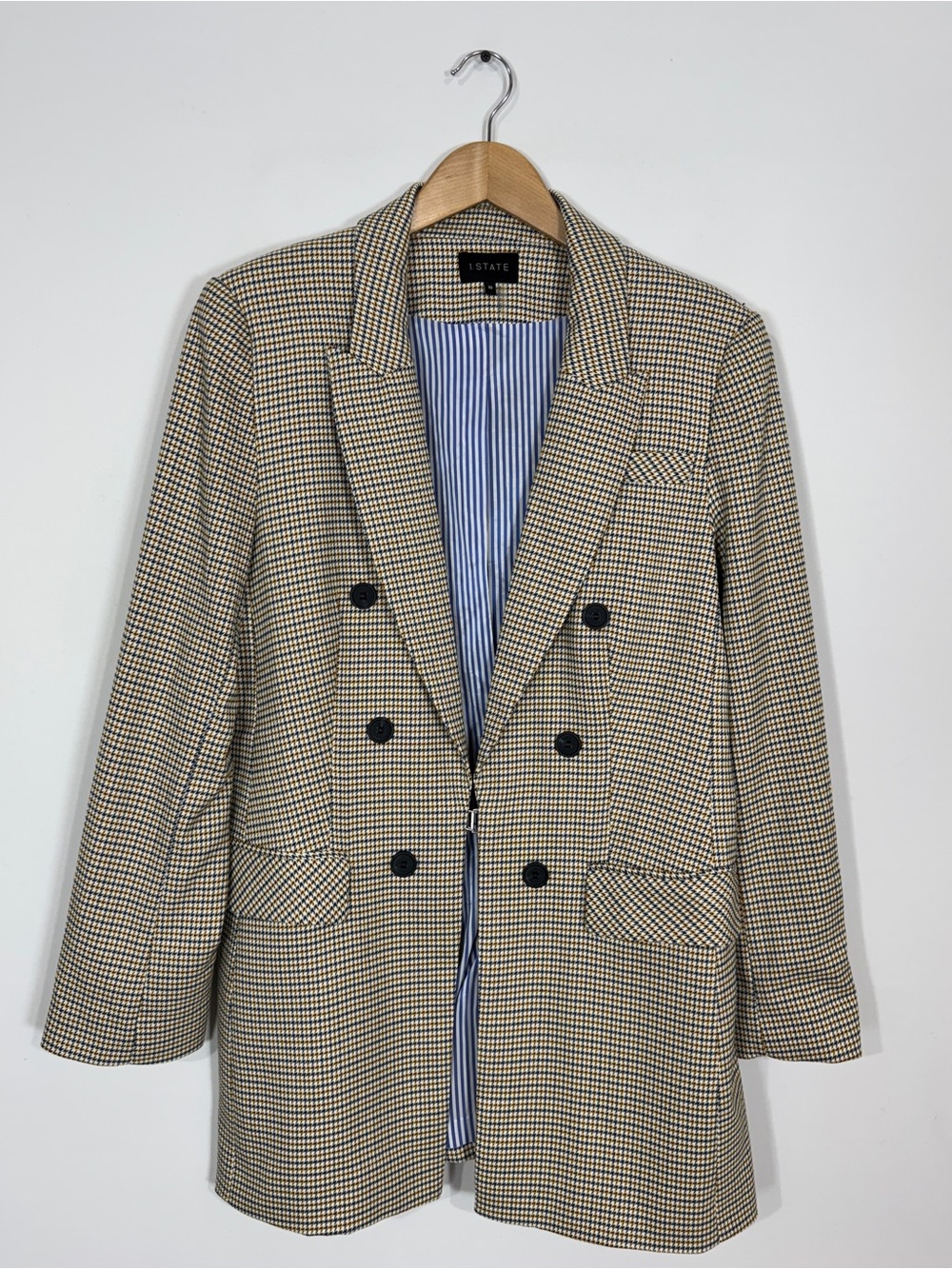 WJT55 {1. State} Blue Yellow Houndstooth Oversized Boyfriend Long Length Blazer
